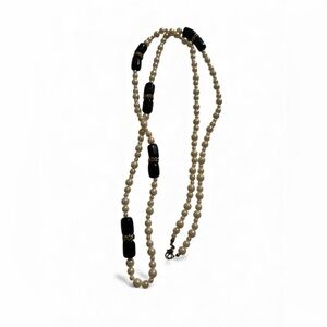 Vintage Faux Pearl Necklace w/ Black Acrylic Beads & Gold-Tone Accents